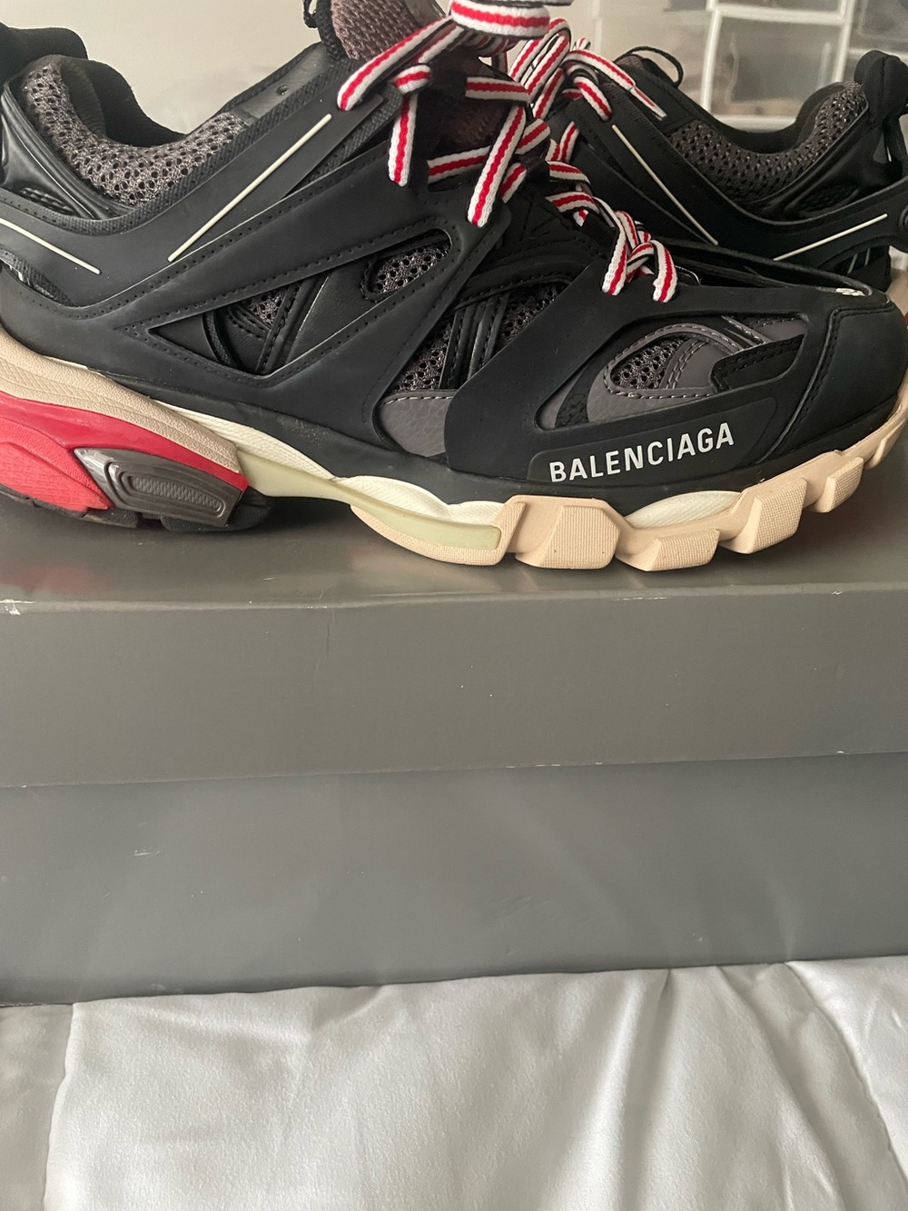 Balenciaga Black Grey Cream Track Runner with Red Accents